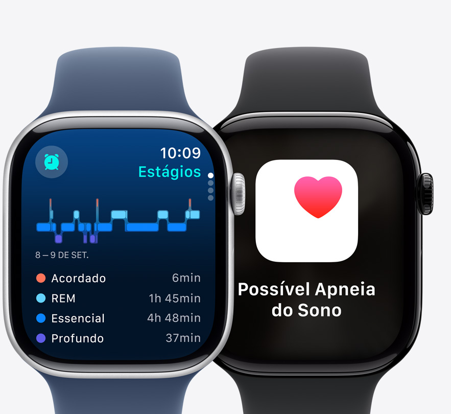 As telas de dois aparelhos Apple Watch Series 10 mostram dados de Estágios do Sono e uma notifica??o de Possível Apneia do Sono.