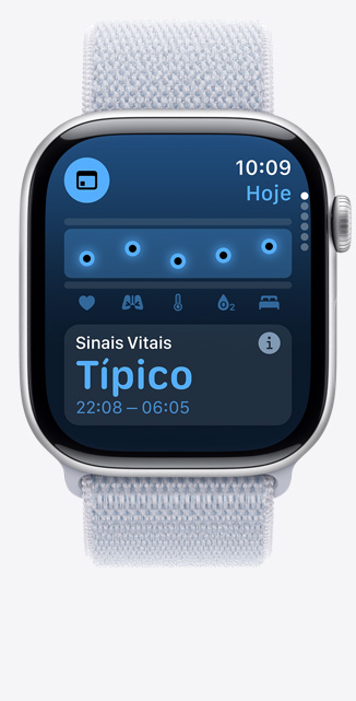 App Sinais Vitais na tela do Apple Watch Series 10 mostrando que as métricas de saúde durante a noite est?o normais.