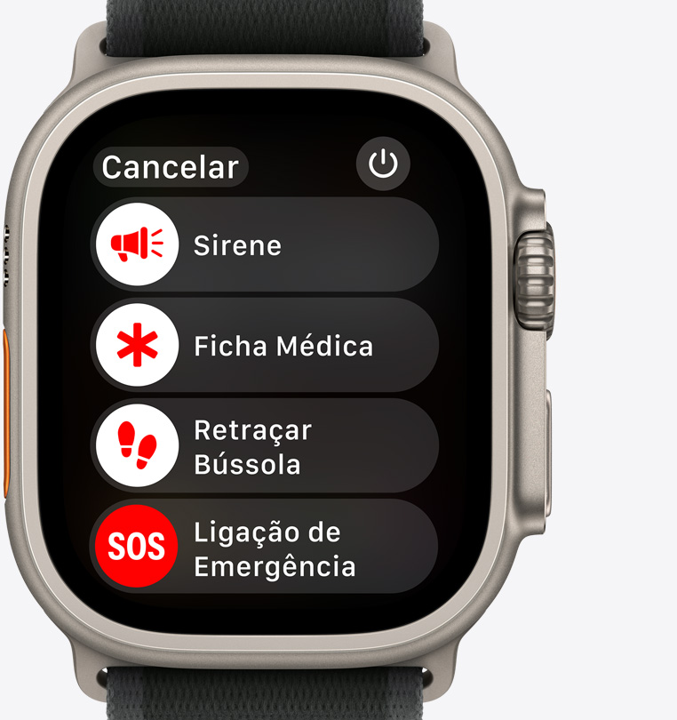 Tela do Apple Watch Ultra 2 mostrando os bot?es Sirene, Ficha Médica, Retra?ar Bússola e Liga??o de Emergência.