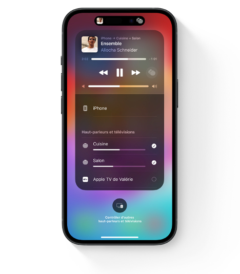 iPhone affichant l’interface d’AirPlay pour la lecture audio dans plusieurs pièces