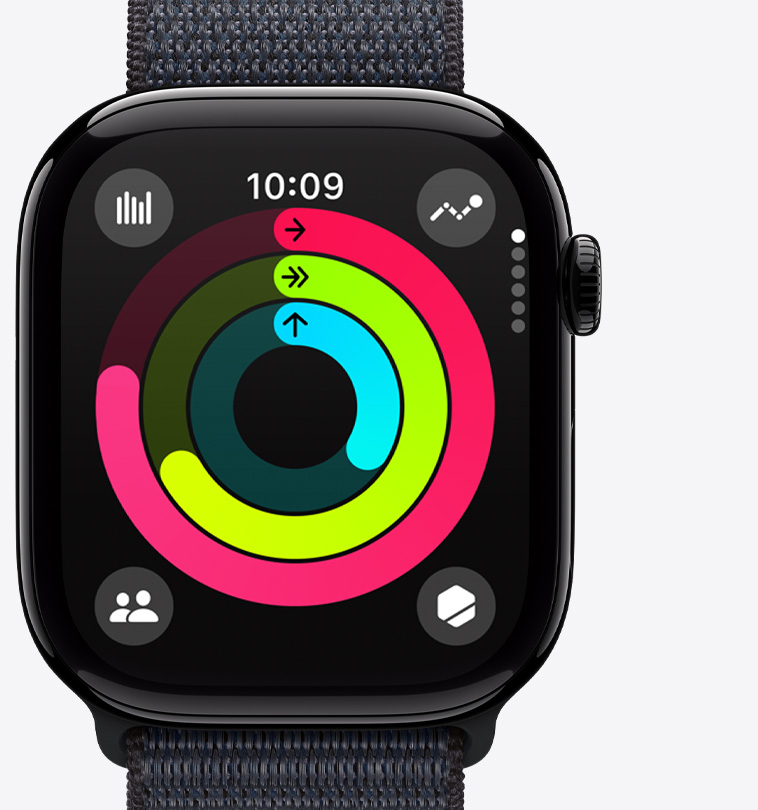 Vue de l’app Anneaux d’activité sur une Apple Watch Series 10.