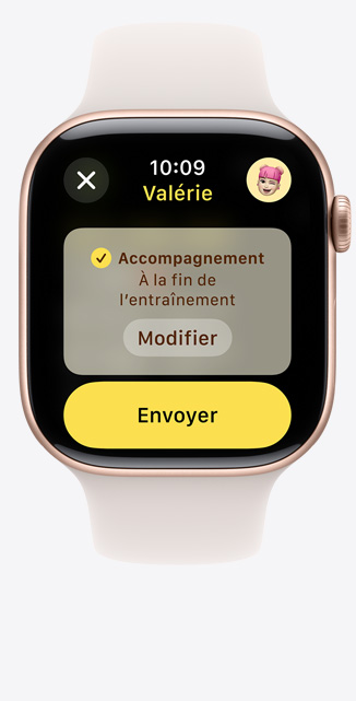 Vue d’un écran d’accompagnement d’entra?nement sur une Apple Watch Series 10.