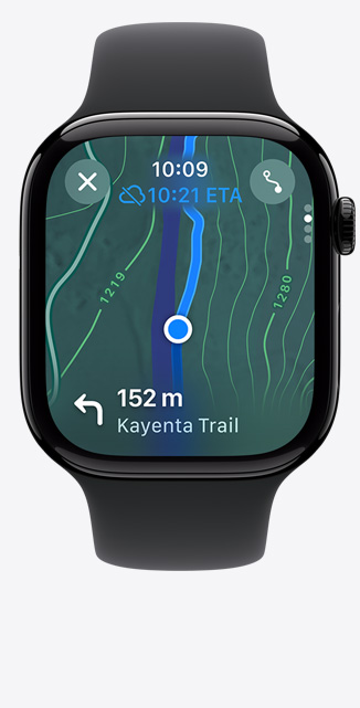 Front view of a Maps screen on Apple Watch Series 10 showing a hiking route map.