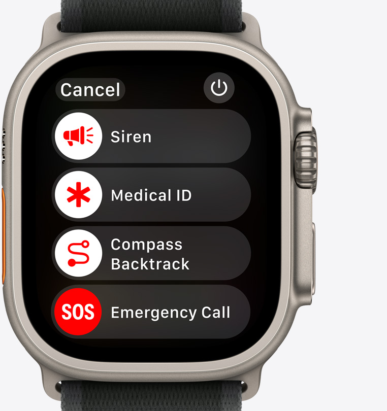 Front view of an Apple Watch Ultra 2 showing Siren, Medical ID, Compass Backtrack and Emergency Call buttons.