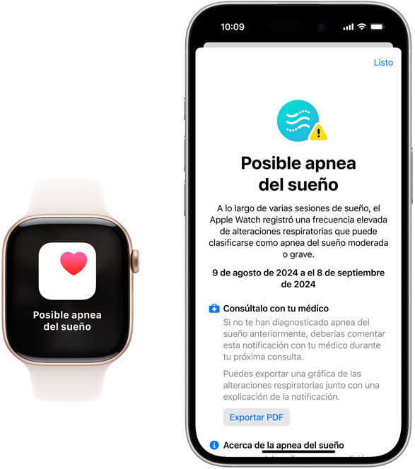 Un Apple Watch y un iPhone muestran notificaciones de Posible Apnea del Sue?o en la app Salud.