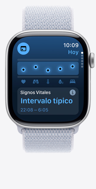 Pantalla que muestra la app Signos Vitales con datos de salud nocturnos dentro de un intervalo típico en un Apple Watch Series 10