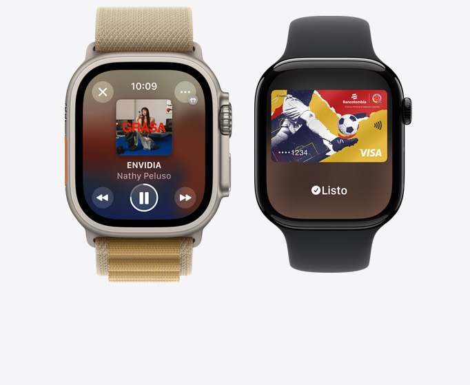 Un Apple Watch Ultra 2 y un Apple Watch Series 10, uno muestra música reproduciéndose y el otro una tarjeta genérica en Apple Pay.