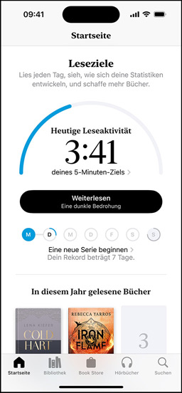 iPhone Bildschirm mit der Oberfl?che ?Leseziele“ in der Books App. Oben befindet sich ein Fortschrittsring. Unterhalb des Fortschrittsrings befindet sich der Tracker für den w?chentlichen Leseerfolg. Unten im Bereich ?In diesem Jahr gelesene Bücher“ ist eine Reihe von zwei Büchern mit einem leeren Platz für ein drittes zu sehen