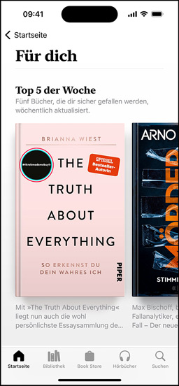 iPhone Bildschirm, der den Bereich ?Für dich in der Books App zeigt. Die w?chentliche Top 5 Liste wird angezeigt