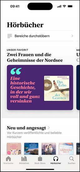 iPhone Bildschirm mit dem Bereich mit weiteren schwarzen Autoren in der Books App, der eine Einführung in Ver?ffentlichungen von schwarzen Autoren enth?lt. Darunter ist der Bereich mit neuen und demn?chst erh?ltlichen Ver?ffentlichungen mit zwei H?rbüchern zu sehen