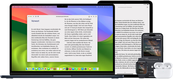 MacBook Pro und iPad Air zeigen eine Seite aus demselben eBook in der Books App. Die Bildschirme von Apple Watch und iPhone 15 zeigen ein Buchcover aus demselben H?rbuch. Ein offenes AirPods Pro Case mit zwei AirPods Pro In?Ear Kopfh?rern.