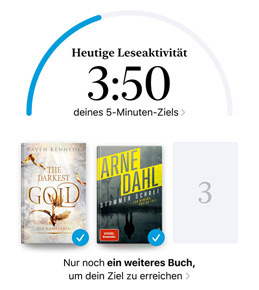 iPhone Bildschirm mit der Oberfl?che ?Leseziele“ in der Books App. Oben befindet sich ein Fortschrittsring für ein Leseziel. Unterhalb des Fortschrittsrings befinden sich drei Buchcover. Unter den Buchcovern ist zu lesen, dass ein weiteres Buch ben?tigt wird, um das Ziel für 2024 von acht Büchern zu erreichen.