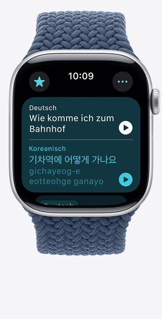 Vorderansicht der Apple Watch Series 10 mit der übersetzen App, die zeigt, wie ein Satz vom Englischen ins Koreanische übersetzt wird.