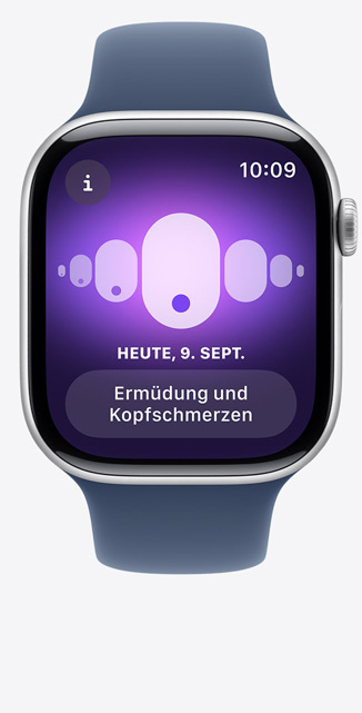 Vorderansicht der Apple Watch Series 10 mit der Zyklusprotokoll App, die auf Schlafver?nderungen hinweist.