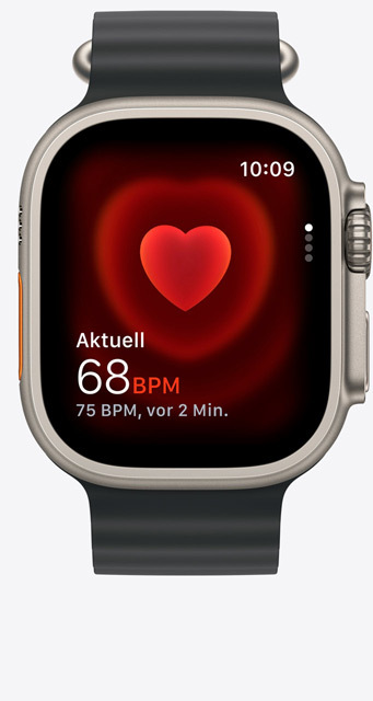 Vorderansicht der Apple Watch Ultra 2 mit der Herzfrequenz App, die eine aktuelle Herzfrequenz von 68 Schl?gen pro Minute zeigt.