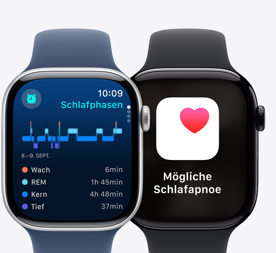 Vorderansicht von zwei Apple Watch Series 10 Ger?ten mit einem Schlafphasen Display und der Mitteilung ?M?gliche Schlafapnoe“.