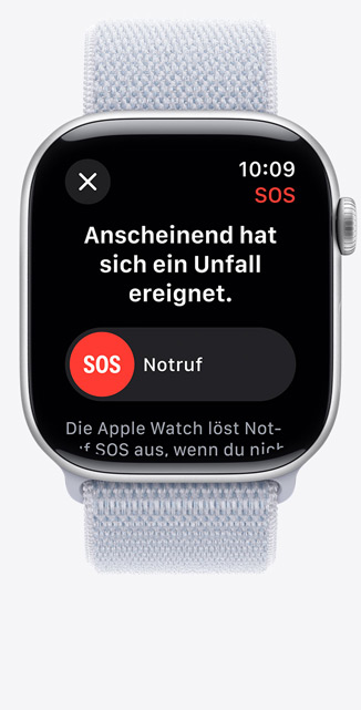 Vorderansicht einer Apple Watch Series 10, die eine Mitteilung zu einem schweren Sturz anzeigt.