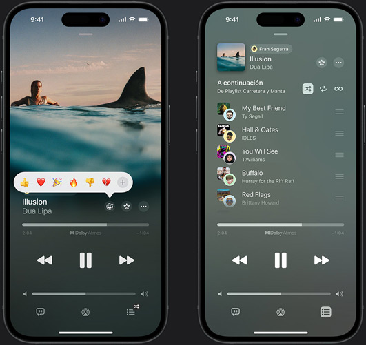 El iPhone de la izquierda muestra ?Illusion? de Dua Lipa en la pantalla y el menú de selección de reacciones con varios emojis; el iPhone de la derecha muestra una lista de reproducción colaborativa llamada ?Playlist Carretera y Manta? con varias canciones a?adidas por otras personas