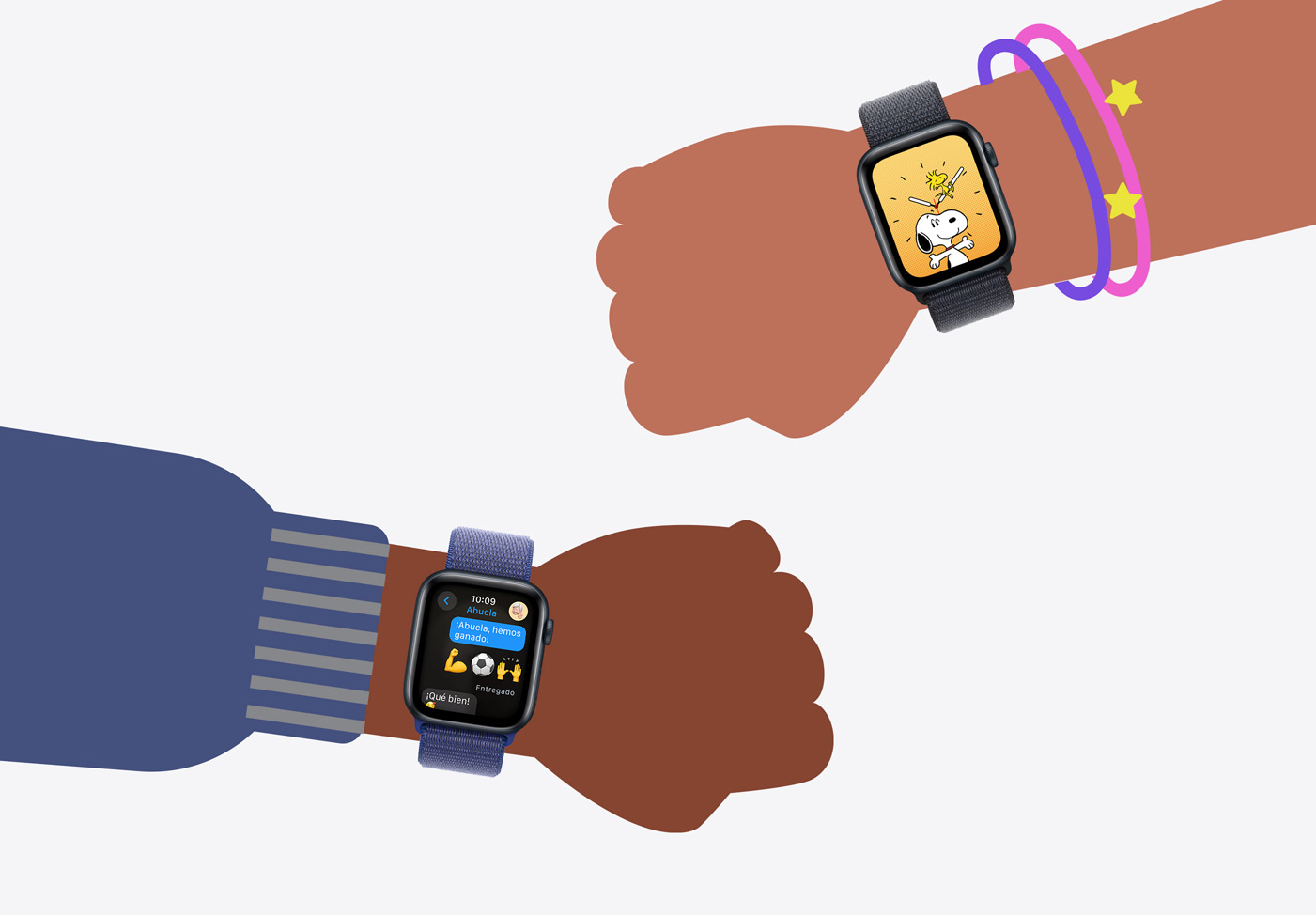 Ilustraciones de las mu?ecas de dos ni?os con un Apple Watch SE.