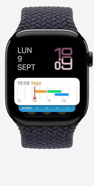 Vista frontal de la pantalla de un Apple Watch Series 10 con un Grupo Inteligente que muestra un widget de Tiempo.