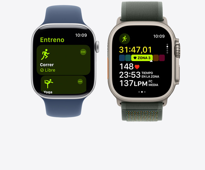 Vista frontal de un Apple Watch Series 10 y un Apple Watch Ultra 2 que muestran una pantalla con un entreno de yoga y otra con un entreno de correr y varias métricas.