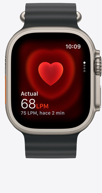 Vista frontal de la app Frecuencia Cardiaca en la pantalla de un Apple Watch Ultra 2 que indica 68 pulsaciones por minuto.