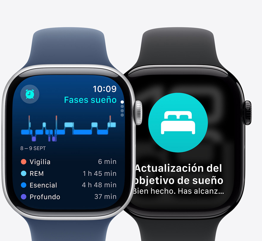 Vista frontal de dos Apple Watch Series 10 con la prestación Fases de Sue?o en la pantalla y una notificación de posible apnea del sue?o.