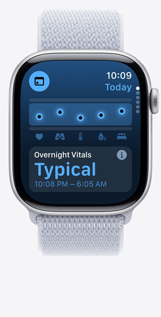 Vue de face d’un écran de l’app Signes vitaux sur une Apple Watch Series 10 affichant des signes vitaux nocturnes habituels.