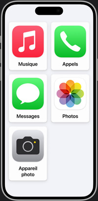 écran d’accueil d’iPhone simplifié affichant les apps Musique, Appels, Photos et Appareil photo