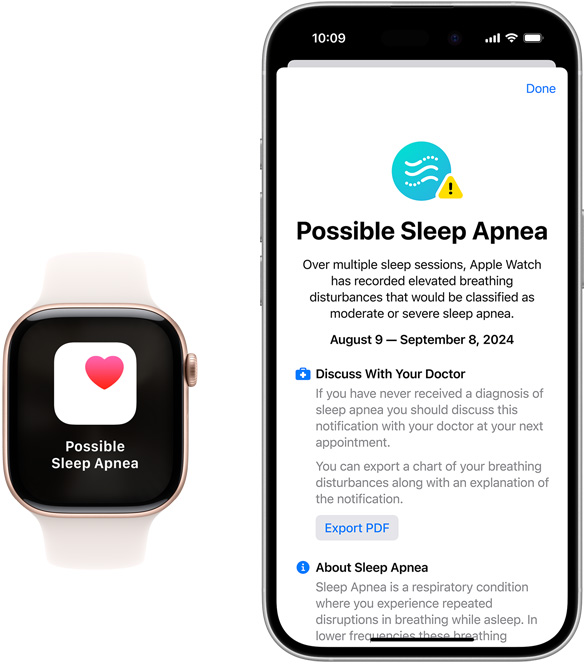 Apple Watch 和 iPhone 裝置，顯示健康 app 內的「疑似睡眠窒息癥」通知。