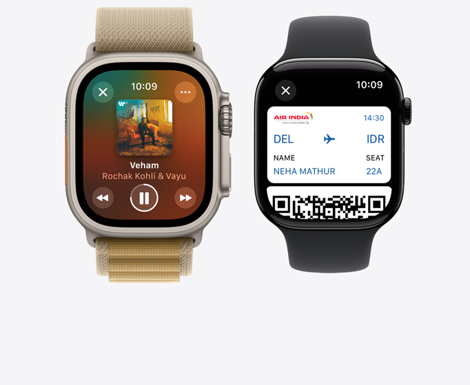 Front view of an Apple Watch Ultra 2 and Apple Watch Series 10 showing music playing and the Apple Card.