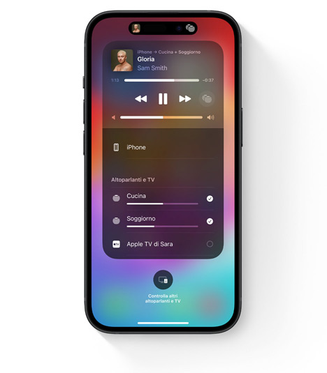 Un iPhone che mostra l’interfaccia di AirPlay per l’audio multiroom