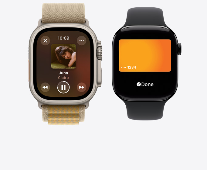 Un Apple Watch Ultra 2 y un Apple Watch Series 10, uno muestra música reproduciéndose y el otro una tarjeta genérica en Apple Pay.