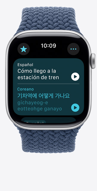 Pantalla de un Apple Watch Series 10 que muestra la app Traducir con una frase en espa?ol traducida al coreano.