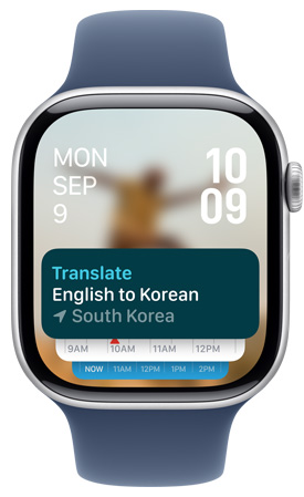 Apple Watch 螢幕顯示智慧型疊放中的翻譯 app 小工具。