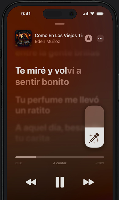 Se muestra el modo Apple Music Sing en un iPhone que está reproduciendo Como En Los Viejos Tiempos de Eden Mu?oz