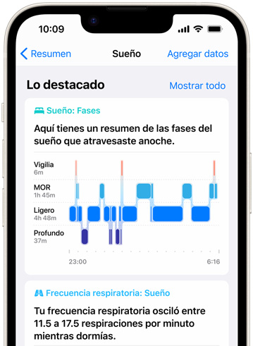 Un iPhone muestra las Fases del Sue?o en la app Salud.