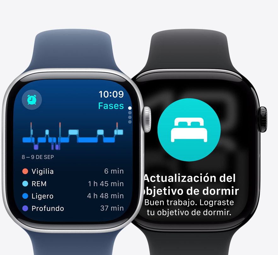 Dos Apple Watch Series 10, uno muestra las Fases del Sue?o y el otro una notificación de actualización de metas de sue?o.