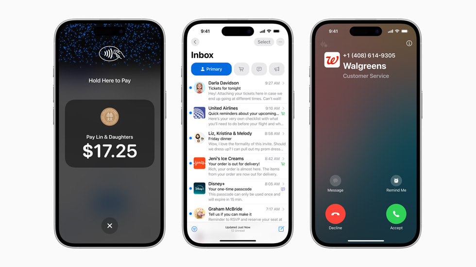 Tre iPhone?16?Pro-enheter viser de nye funksjonene i Apple Business Connect.