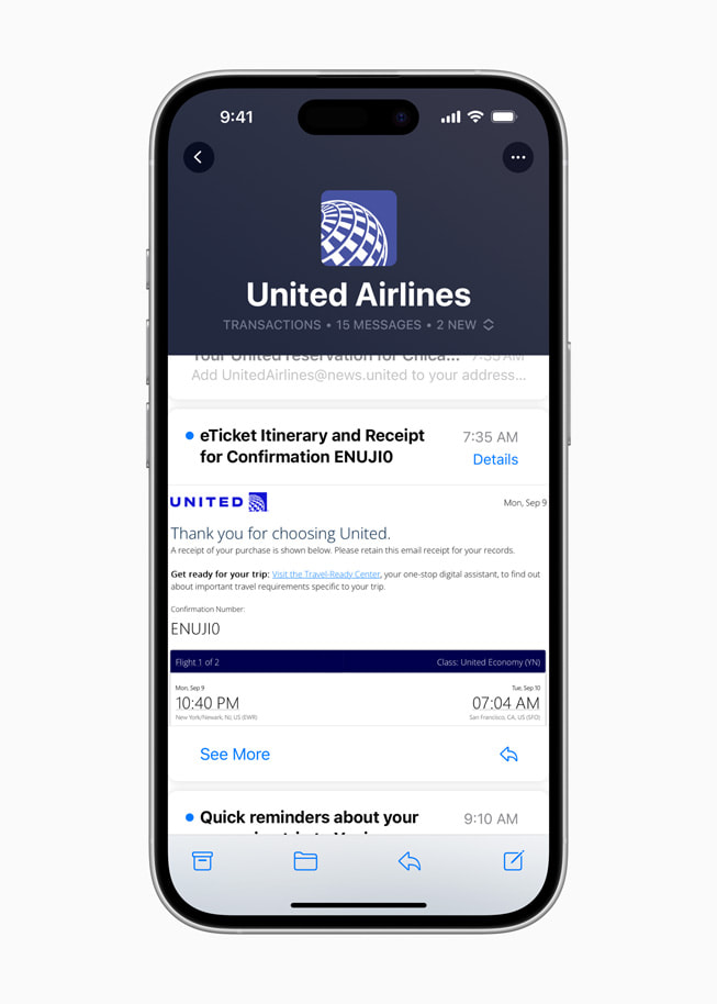 Et Branded Mail-objekt fra United Airlines vises i innboksen til en bruker p? iPhone?16?Pro.