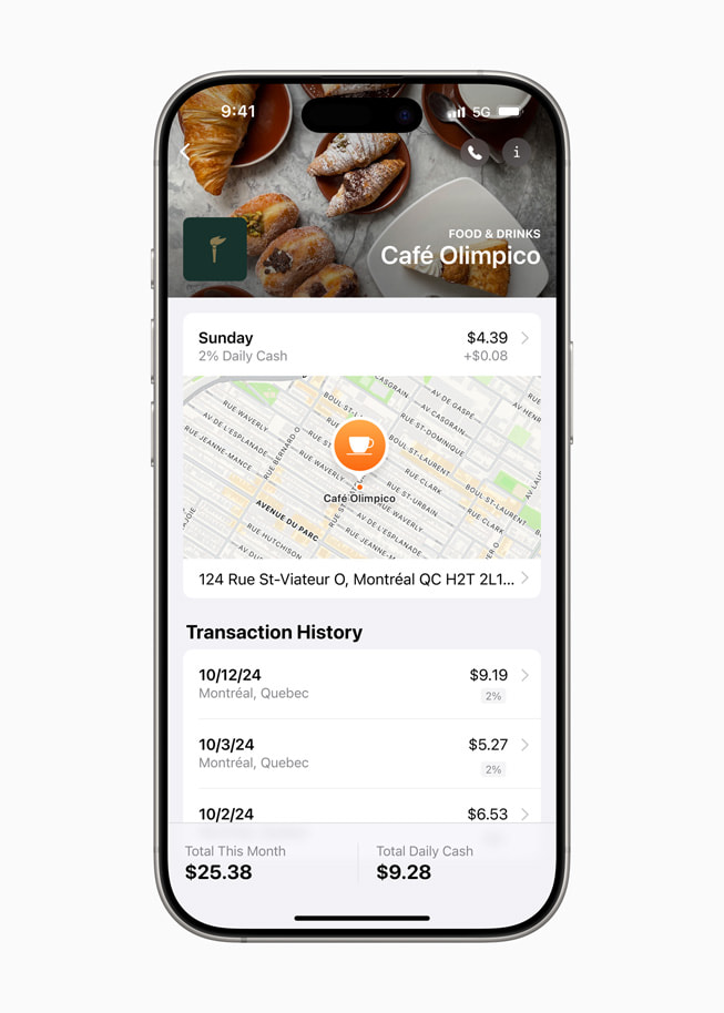 Stedskortet til en bedrift med Daily Cash-tilbud vises i Lommebok-appen p? iPhone?16?Pro.