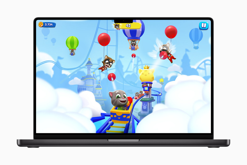 Talking Tom Blast Park gameplay displayed on a 16-inch MacBook Pro.