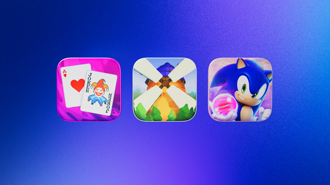 Icons representing the 2024 Apple Arcade Game of the Year finalists: Balatro+, Outlanders 2, and Sonic Dream Team.