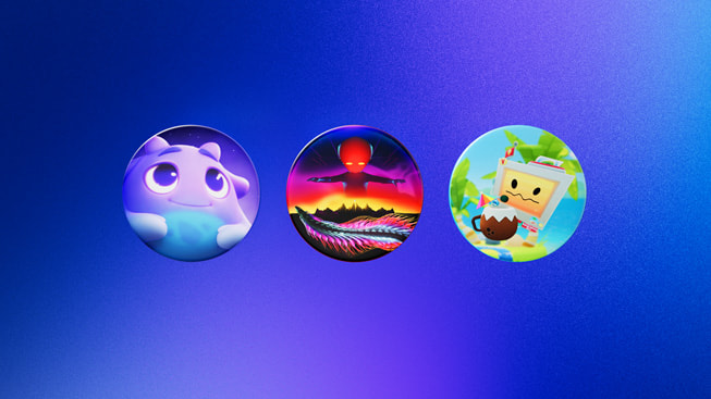 Icons representing the 2024 Apple Vision Pro Game of the Year finalists: Loóna, THRASHER, and Vacation Simulator.