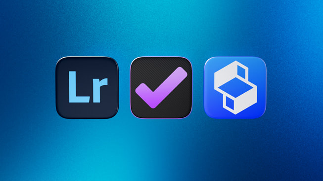 Icons representing the 2024 Mac App of the Year finalists: Adobe Lightroom, OmniFocus 4, and Shapr3D.