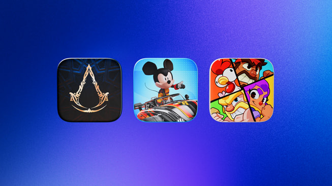 Icons representing the 2024 iPad Game of the Year finalists: Assassin’s Creed Mirage, Disney Speedstorm, and Squad Busters.