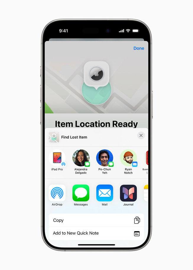 On iPhone 16 Pro within Find My, a sub-menu within “Item Location Ready to Share” reads “Find Lost Item” and offers the user several ways to share the item’s location.