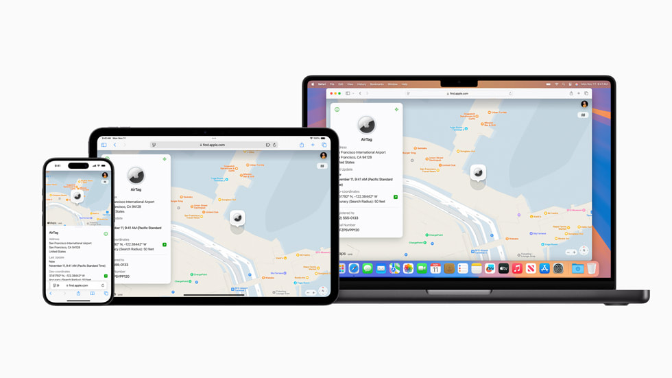 On a Mac, a user sees a map showing the location of an AirTag, while on iPhone 16 Pro, a user sees more details.