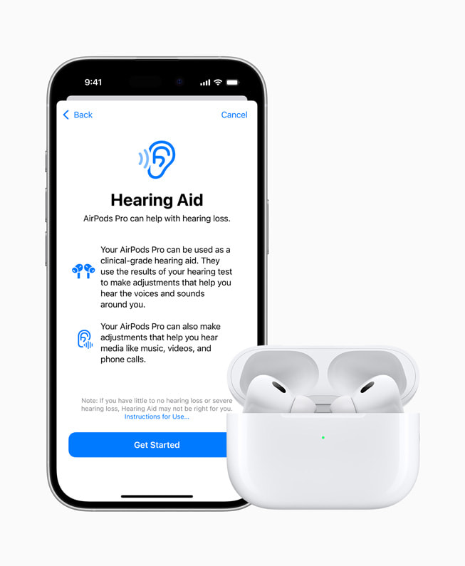 The new Hearing Aid feature setup displayed on iPhone 16 Pro with a pair of AirPods Pro 2.