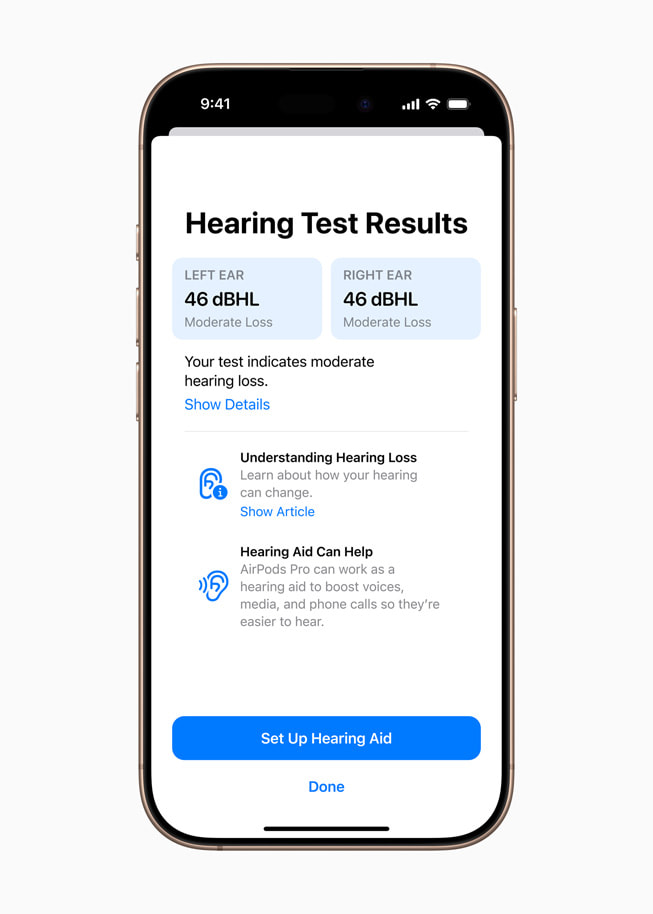 The Hearing Test summary in the Health app on iPhone 16 Pro.